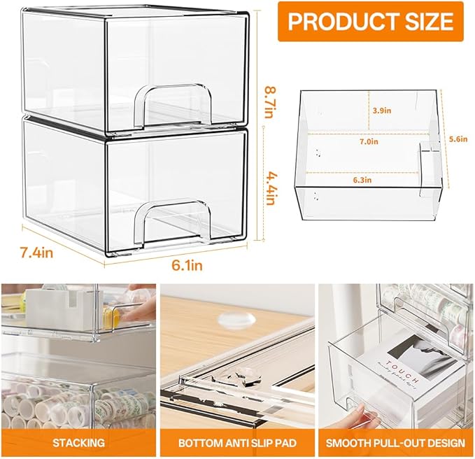 6 Pack Clear Stackable Storage Drawers & Qtip Holder Dispenser with Bamboo Lids, Acrylic Drawer Containers Plastic Organizer Bins for Makeup, Bathroom, Cabinet, Undersink