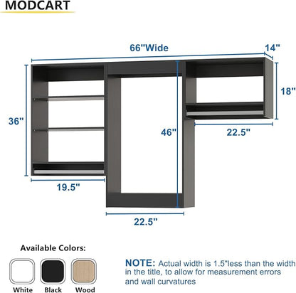Modular Closet, 66" Wide Organizer with Hanging Shelves, Wood Tower Closet Storage, Wall-Mounted Wardrobe Organizer Kit in Black