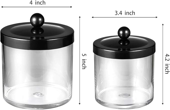 SheeChung 2-Pack Plastic Apothecary Jars with Black Metal Lids-Clear Acrylic Qtip Holder Set-Shatterproof Bathroom Vanity Organizer for Cotton Balls, Swabs, Pads-Modern Farmhouse Chic Decor