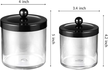 SheeChung 2-Pack Plastic Apothecary Jars with Black Metal Lids-Clear Acrylic Qtip Holder Set-Shatterproof Bathroom Vanity Organizer for Cotton Balls, Swabs, Pads-Modern Farmhouse Chic Decor