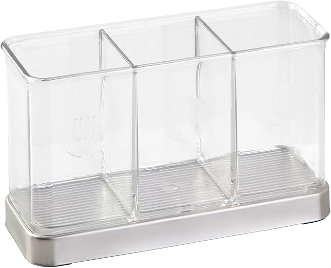 mDesign Cutlery Holder Modern Cutlery Basket for The Kitchen Table, Pantry or Cupboard Kitchen Storage with 3 Compartments Clear/Chrome