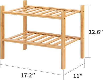 Small Shoe Rack, 2-Tier Bamboo Stackable Shoe Shelf Storage Organizer, Shoe Stand for Closet, Entryway and Hallway