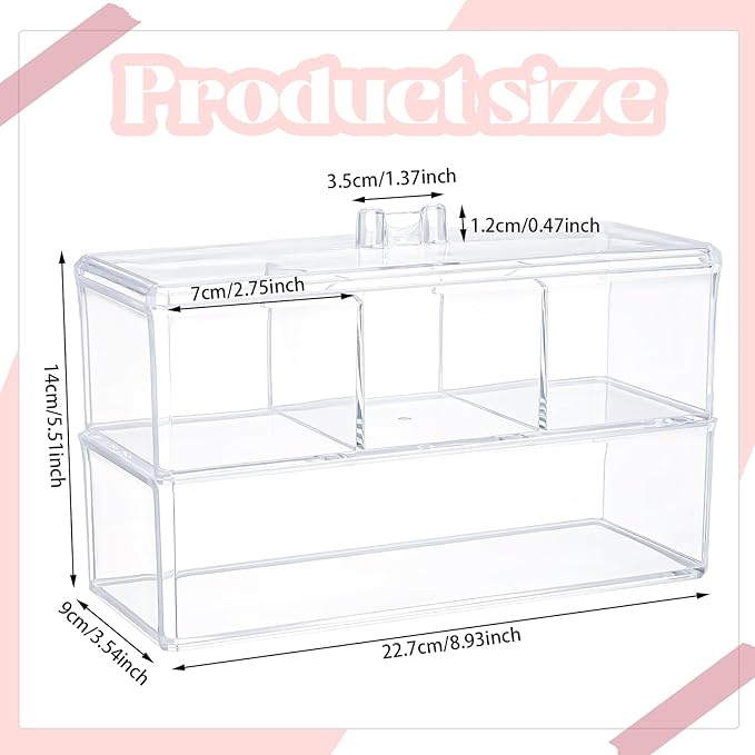 2 Layer Qtip Holder Transparent 3 Compartments Cotton Ball and Swab Holder Organizer with Lid,Jar for Cotton Rounds,Bathroom Containers,Clear Acrylic Desk Organizer for Makeup Pads,Cosmetics Bedroom