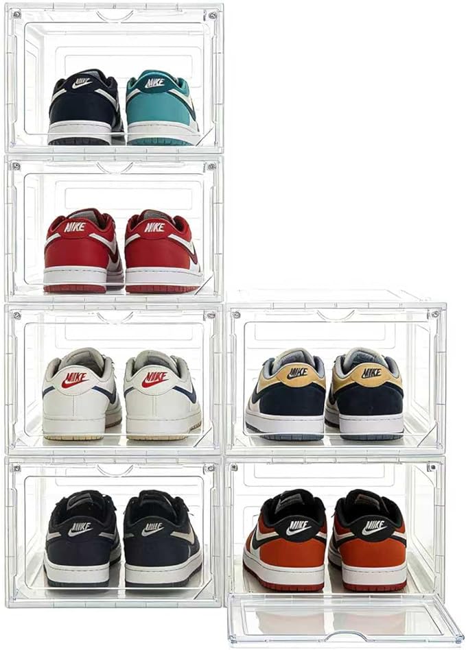Stackable Storage Shoe Box with Magnetic Side Opening Door, Thick and Sturdy Transparent Plastic, Suitable for Floor Standing Shoe Racks and Storage in Wardrobes - 6Pcs