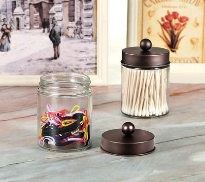 Amolliar 4Pc Apothecary Jars Bathroom Vanity Storage Organizer Set -Countertop Canister with Stainless Steel Lids &Cute Stickers - Qtip Dispenser Holder for Qtips,Cotton Swabs,Makeup Sponges (Bronze)