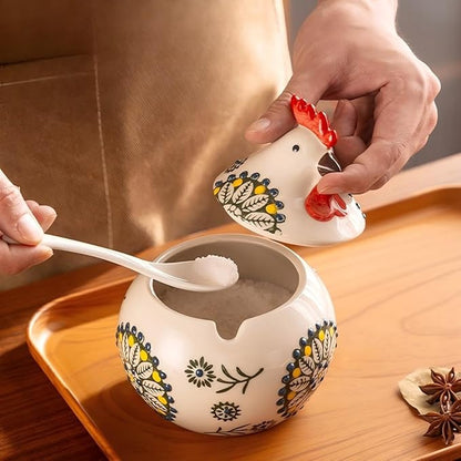 Ceramic Chicken-Shaped Seasoning Jar, Kitchen Condiment Box with Spoon and Lid, Moisture-Proof Household Storage Container (Red)
