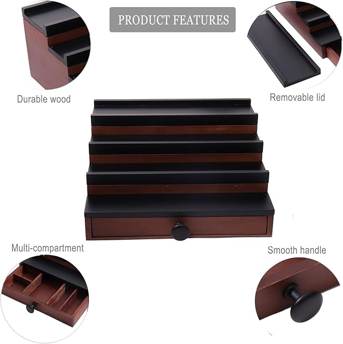 Cologne Organizer for Men - 4 Tier Brown Black Wooden Cologne Display Stand with Drawer and Hidden Compartment, Mens Cologne Holder Shelf for Organizing and Storing