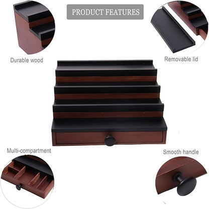 Cologne Organizer for Men - 4 Tier Brown Black Wooden Cologne Display Stand with Drawer and Hidden Compartment, Mens Cologne Holder Shelf for Organizing and Storing