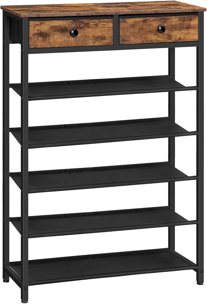 HOOBRO Shoe Rack, 6 Tier Shoe Storage Organizer with 2 Non-Woven Drawers, 15-20 Pairs of Shoes for Entryway, Shoe Shelf with 5 Oxford Fabric Shelves and Wooden Top, Closet, Rustic Brown BF79XJ01