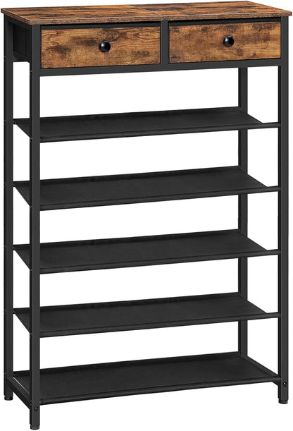 HOOBRO Shoe Rack, 6 Tier Shoe Storage Organizer with 2 Non-Woven Drawers, 15-20 Pairs of Shoes for Entryway, Shoe Shelf with 5 Oxford Fabric Shelves and Wooden Top, Closet, Rustic Brown BF79XJ01