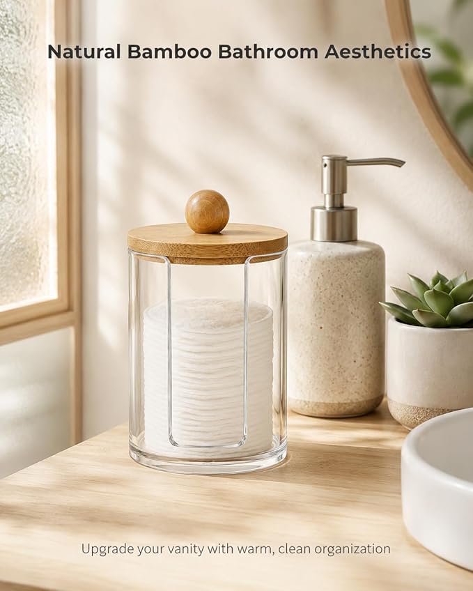 Cotton Round Holder with Bamboo Lid - 10oz Clear Plastic Cotton Pad Dispenser with U-Shaped Side Slot, Shatterproof Apothecary Jar for Makeup Remover Pads, Bathroom Vanity Countertop Storage