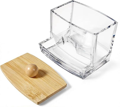 SheeChung 10Oz Acrylic Qtip Holder Dispenser for Cotton Swab, Clear Plastic Containers Apothecary Jars with Bamboo Lid, Bathroom Accessories, Vanity Organizers and Storage, Home Essentials-Brown