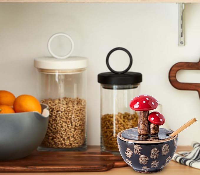 Brown Ceramic Mushroom Salt Cellar With Lid and Bamboo Spoon