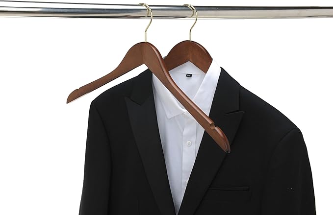 Quality Semi Curved Wooden Suit Hangers, 80-Pack Smooth Finish Solid Wood Coat Hanger with Swivel Hook, Jacket, Pant, Dress Clothes Hangers (Walnut - Gold Hook, 80)