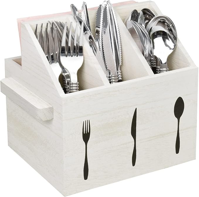 Ikee Design Wooden Utensil Caddy with Handles, Silverware Caddy, Silverware Holder for Countertop,Party,Camping and Kitchen, Silverware Organizer, Picnic Cutlery Holders, White Color