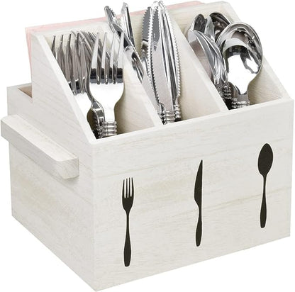 Ikee Design Wooden Utensil Caddy with Handles, Silverware Caddy, Silverware Holder for Countertop,Party,Camping and Kitchen, Silverware Organizer, Picnic Cutlery Holders, White Color
