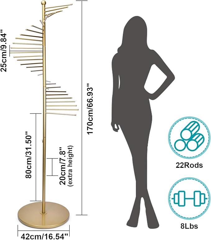Metal Scarf Rack, Freestanding Spiral Scarf Holder Commercial Hijab Organizer Belt Pants Hanger 59‘’-67‘’ Height Adjustable with 22 Rods for Clothing Store Home, Space Saving Shelves (Color: Gold)