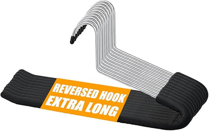 [Upgraded Reversed Hook] HUJI Extra Long Heavy Duty Open Ended Ergonomic Easy Slide Non-Slip Wrinkle Free Foam Coated Metal Pants Hangers Trouser Organizers (10 Pieces Set)