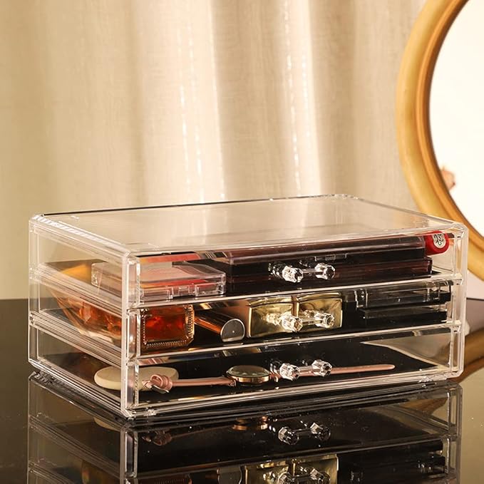 Cq acrylic 1 Pack Clear Acrylic Drawer Organizer Countertop,Stackable 3 Drawers Makeup Storage,Cute Cube Make Up Organizer for Dresser Hair Clip,Beauty Product Desk and Bathroom Organizers and Storage