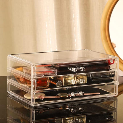 Cq acrylic 1 Pack Clear Acrylic Drawer Organizer Countertop,Stackable 3 Drawers Makeup Storage,Cute Cube Make Up Organizer for Dresser Hair Clip,Beauty Product Desk and Bathroom Organizers and Storage