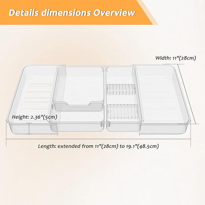 Qivine Expandable Acrylic Drawer Organizer, Clear Makeup Drawer Organizer Trays, 11 to 19In Adjustable Kitchen Utensil Organizer with 5 Compartments Expandable for Makeup Silverware Office Bathroom