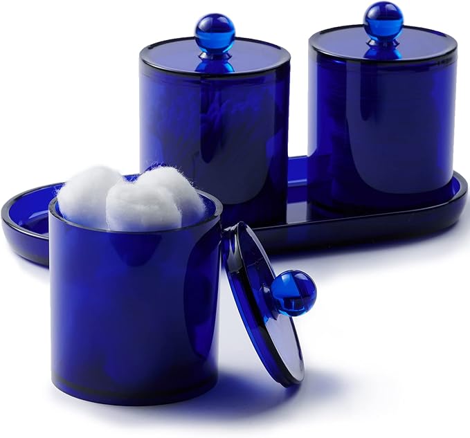 Qtip Holder Bathroom Set with Tray(4PCS) - 3 Pack Acrylic Plastic Apothecary Jars Qtip Dispenser Canister with Lid and Labels, 1 Pack Bathroom Vanity Tray, for Cotton Ball, Cotton Swab (Blue)