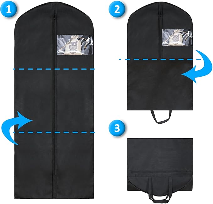 2 Pack 60"Garment Bags for Suits, Long Dress,Coats Lightweight Foldable with Travel Handle, Closet Storage and Travel-Friendly with Transparent Inner Bag Set, Black