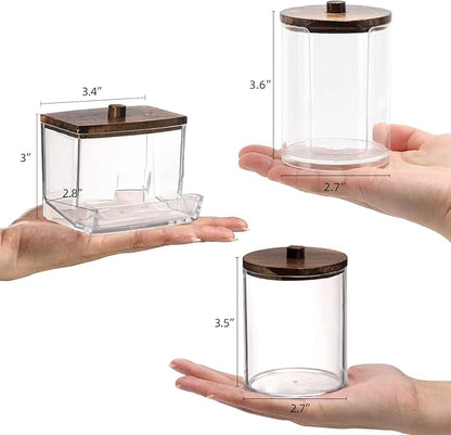 Tbestmax Bathroom Organizer Accessories Set-10 OZ Qtips Holder Storage with Wood Lids, Cotton Ball/Swabs Dispenser, Apothecary Container Jar 3 Pcs