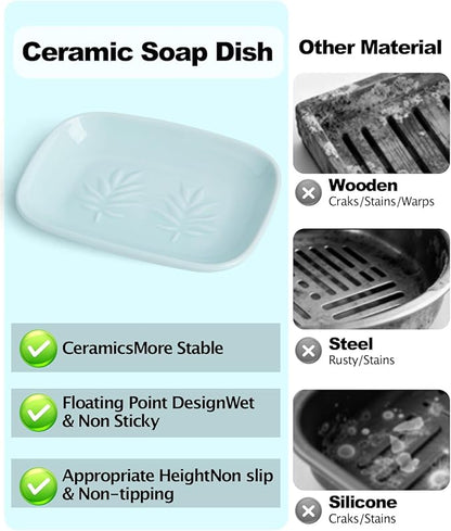 Ceramic Soap Dish for Bathroom and Kitchen, Non-Slip Bar Soap Holder with Fast Drain Design, Soap Saver Tray for Sink,Azure