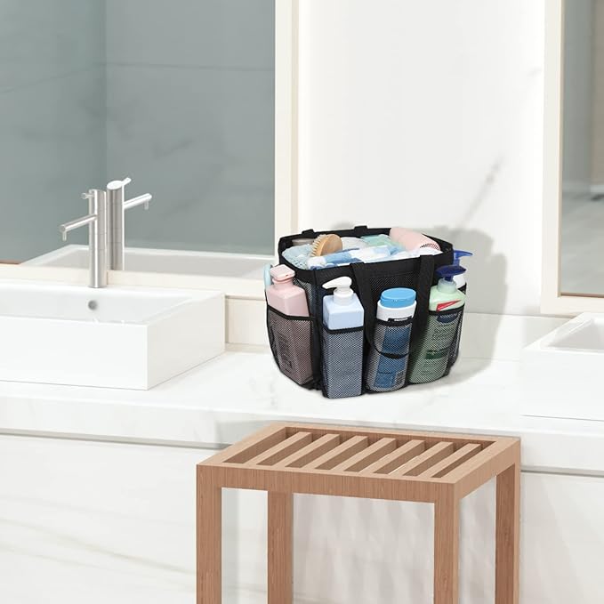 F-color Mesh Shower Caddy Portable, 8.3" Deeper Pockets Large Shower Caddy Bathroom Caddy for College Dorm Room Bathroom Essentials, 2 Handles Shower Bag Tote for Gym Rv, Camp with S Hook, Black