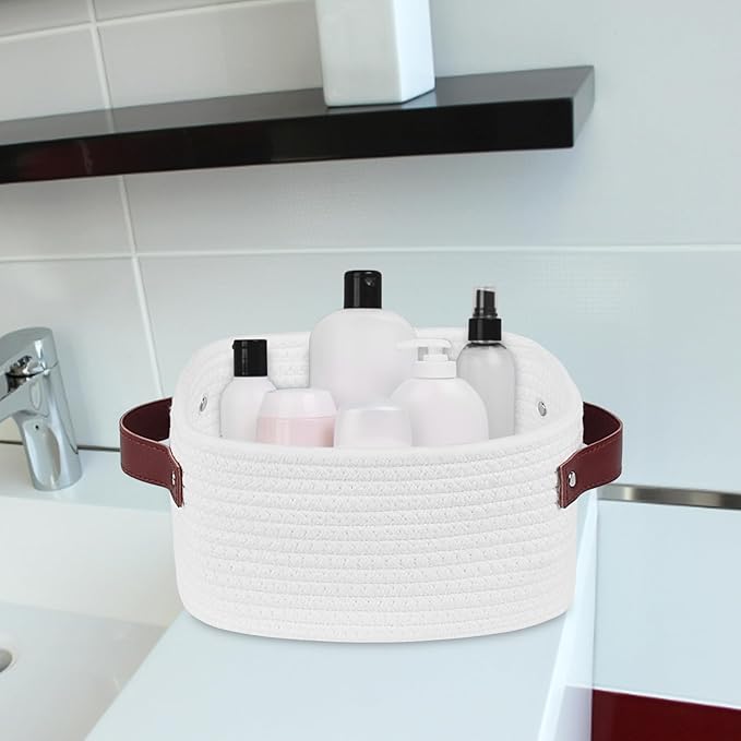 ABenkle Small Storage Basket, Mini Baskets with Handle, Cute Cotton Woven Baskets for Shelves, Boho Decorative Toy Storage Bin for Nursery, Spa, Empty Gift Basket - XS, White