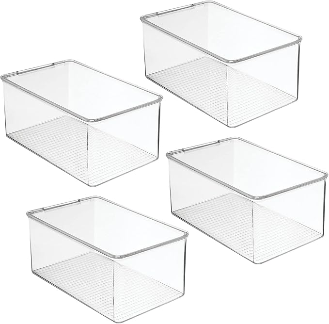 mDesign Stackable Plastic Closet Storage Container Bin Box with Hinge Lid for Organizing Shoes, Booties, Pumps, Sandals, Wedges, Flats, Heels - Lumiere Collection - 4 Pack - Clear