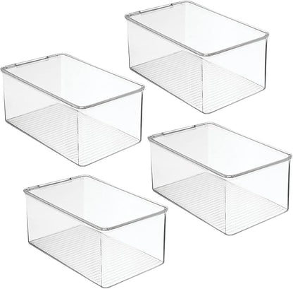 mDesign Stackable Plastic Closet Storage Container Bin Box with Hinge Lid for Organizing Shoes, Booties, Pumps, Sandals, Wedges, Flats, Heels - Lumiere Collection - 4 Pack - Clear