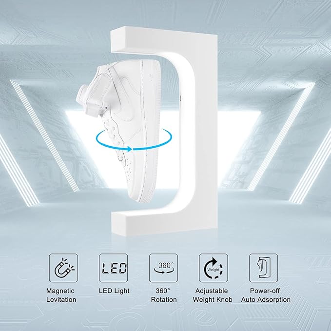 UVEHAS Levitating Shoe Display Magnetic Levitation Sneaker Stand with LED Light, Rotating Floating Holder Rack for Shoes Collectors Advertising Exhibition Shoe Store Show Home Decoration, White