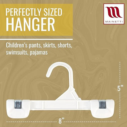 Mainetti Kids White Plastic Hangers 100 Pack | 8-Inch Pants Hangers with Clips Made from Sturdy Plastic | Great for Pants, Skirts, Slacks, Bottoms