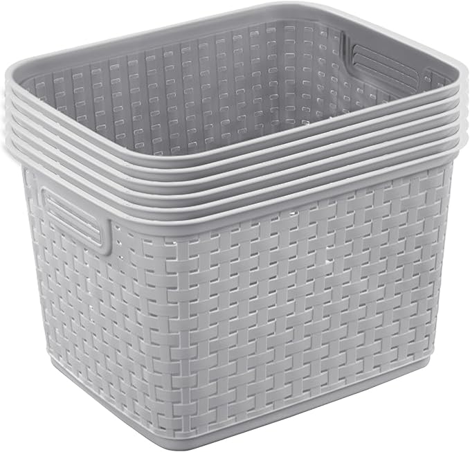 Sterilite 12-Pack Tall Weave Basket, Wicker-Style Plastic Open Storage Bin, Cement Gray - Multi-Purpose Decorative Organizer for Laundry Area, Shelves, Closets, Pantries, Living Rooms or Offices