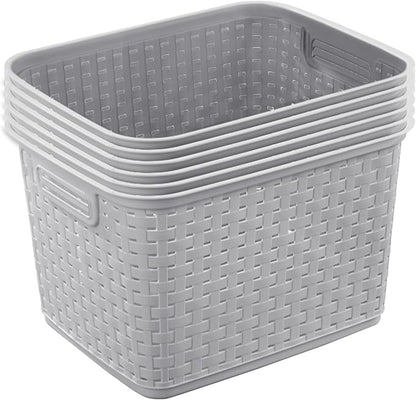 Sterilite 12-Pack Tall Weave Basket, Wicker-Style Plastic Open Storage Bin, Cement Gray - Multi-Purpose Decorative Organizer for Laundry Area, Shelves, Closets, Pantries, Living Rooms or Offices
