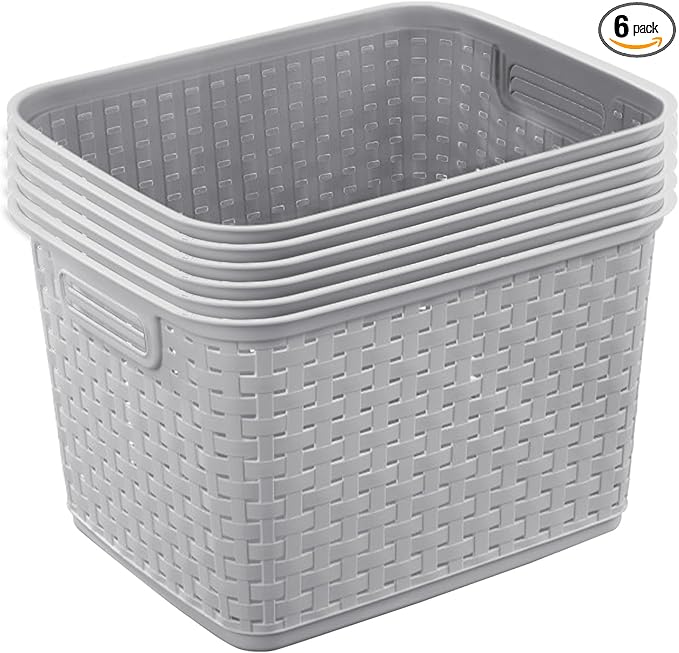 Sterilite 6-Pack Tall Weave Basket, Woven Plastic Storage Baskets for Organization, Cement Gray - Organizing Bin Containers with Handles for Bedroom, Bathroom, Dorm, Laundry Room, and Closet