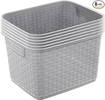 Sterilite 6-Pack Tall Weave Basket, Woven Plastic Storage Baskets for Organization, Cement Gray - Organizing Bin Containers with Handles for Bedroom, Bathroom, Dorm, Laundry Room, and Closet