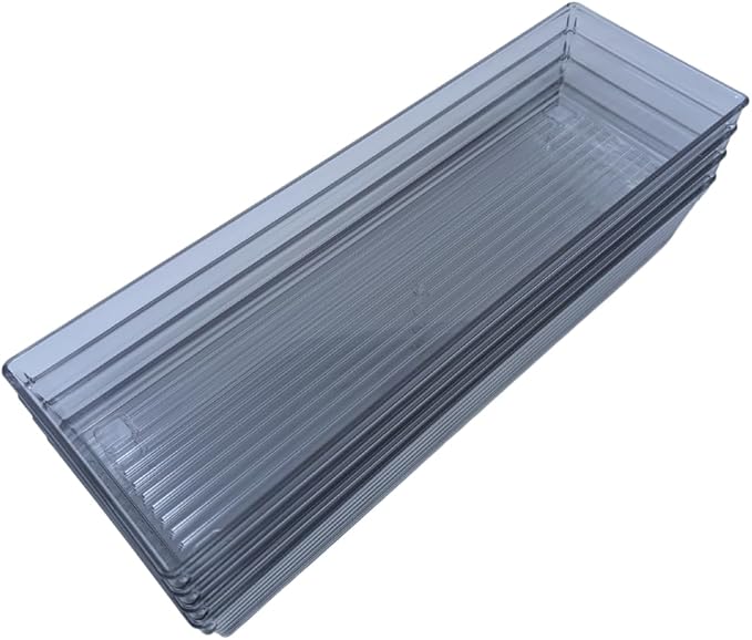 4 Pack 12"x 4" Clear Plastic Desk Drawer Organizer Tray Bathroom Office Kitchen Utensils Silverware Desk Drawer Storage Bins Container for Dresser Cosmetics Toiletries