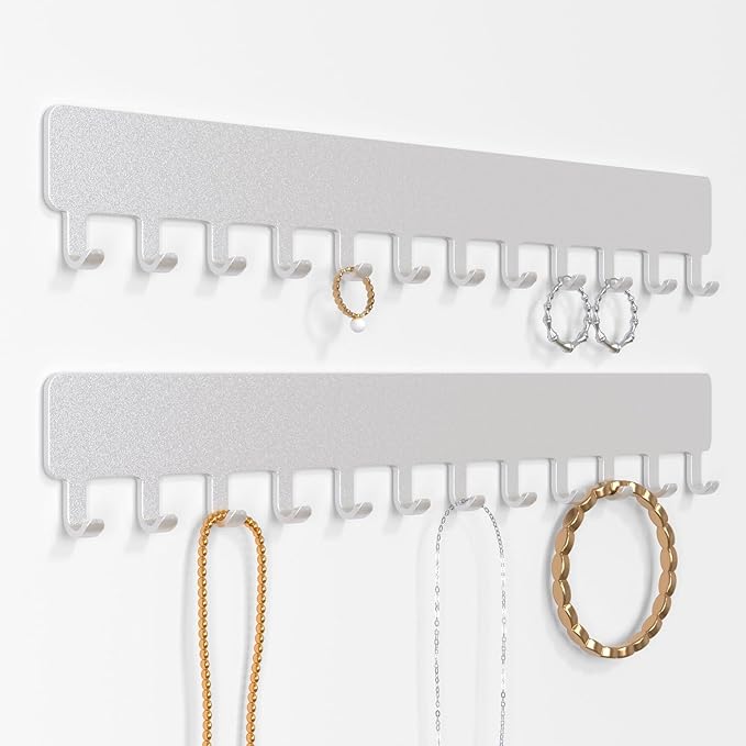 Necklace Holder Wall Organizer - Jewelry Hanging Hooks for Necklaces, Bracelets, Earrings - Easy Stick-On Installation - Space-Saving Metal Design, Silver
