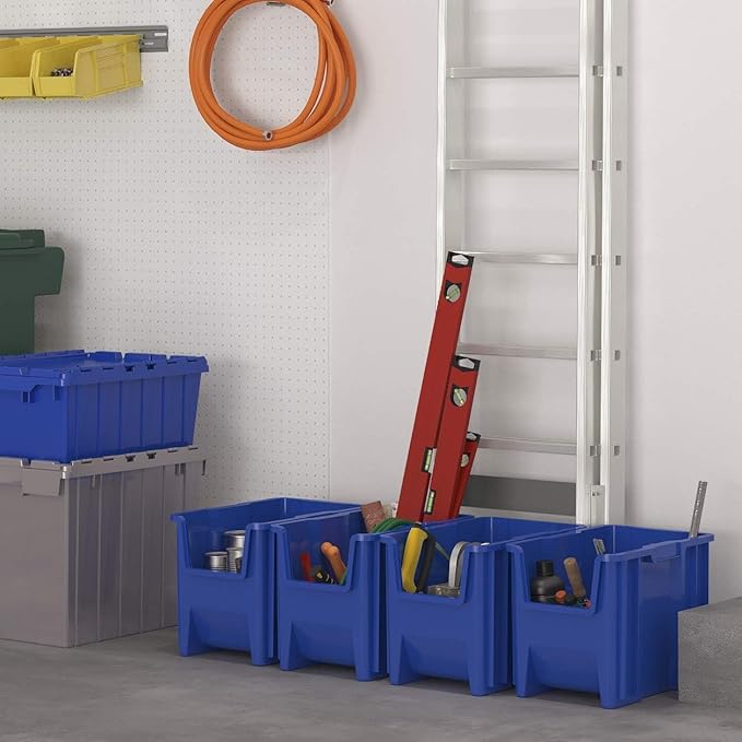 Akro-Mils 13014 Stak-N-Store Stackable Storage Bins, Heavy Duty Garage Storage Containers, Open Front Plastic Organizer for Tools, Shelves, Closet Organizer, 17-/12" x 11" x 12-1/2", Blue, 4-Pack