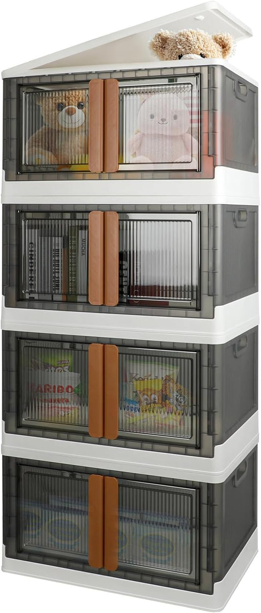 Storage Boxes, Extra Large Cabinet with Lids, 19 Gallon(72L) Capacity (Each One), 4 Packs, Useful Box with Door and Buckles, Foldable, Transparent, Excellent Home Organizers