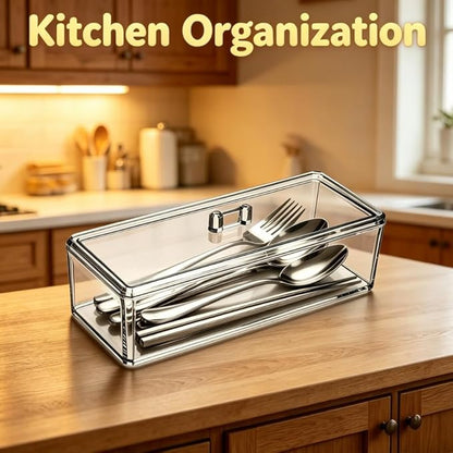Flatware Tray with Lid, Clear Silverware Tray Kitchen Cutlery Tray and Utensil Storage Container for Flatware and Silverware