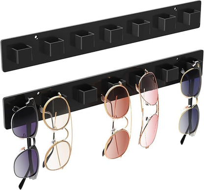 MaxGear Sunglasses Organizer Wall Mount, 2-Pack Acrylic Eyewear Display Holder with 14 Slots, Sunglasses Storage, Includes Adhesive Tape & Screws, Black Wall Mounted Shelf for Closet, Cabinet, Door