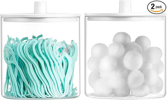 TIPGO Glass Qtip Holder Dispenser - 24 oz Clear Canister Jar, Bathroom Vanity Storage Organizer for Cotton Swabs, Pads, Floss Picks, Small Containers for Makeup Storage (White)