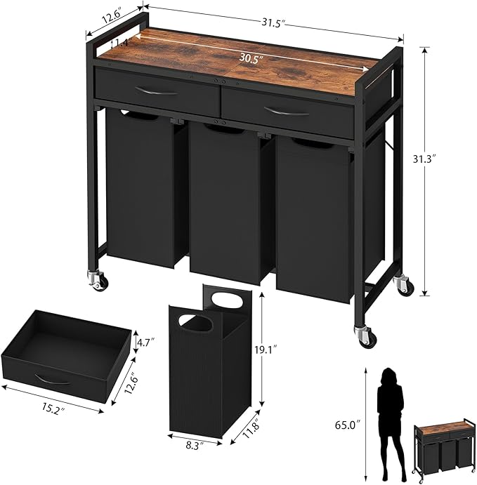 Laundry Sorter 3 Section, 120 L Laundry Hamper with 2 Drawers & 2-tone Top Panel, Rolling Laundry Basket Organizer with Pull-Out Removable Oxford Fabric Bags for Laundry Room Organization UNZYL006BVV3