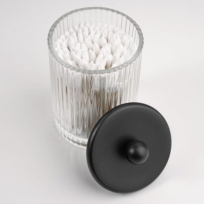 SheeChung 3-Pack Qtip Holder, Apothecary Jars with Bamboo Tray - Modern Industrial Bathroom Organizer Set for Cotton Rounds, Swabs & Flossers - Minimalist Vanity Storage Canister (Matte Black Glass)
