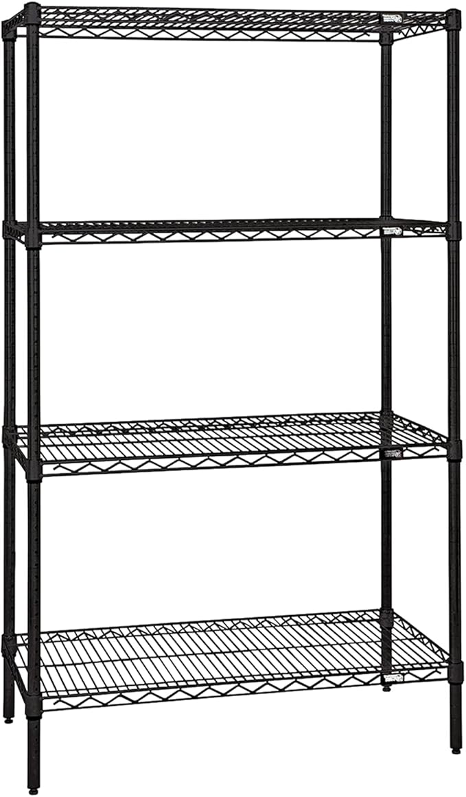 Quantum Storage Systems WR63-3036BK Wire Shelving Starter Kit, 36" W x 30" D x 63" H, 600 lbs Capacity, Carbon Steel, Epoxy Coated, Black, NSF