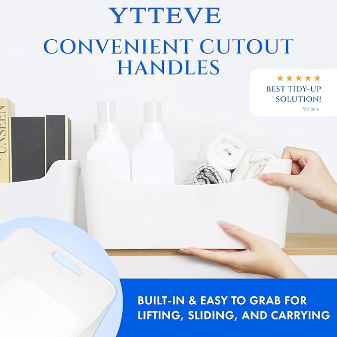 Ytteve 3 Pack Large Plastic Storage Bins with Handles, 13.7x10.2x5.7 Inch White Organizer Containers for Kitchen, Pantry, Closet, Bathroom, Office, Cabinet, Drawer, Snack, Toy & Makeup Organization